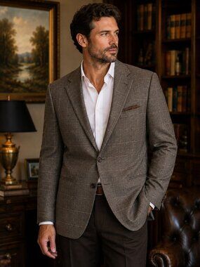 VTG Oscar de la Renta Mens 48L Brown Wool Cashmere Blazer 2 Button Plaid Preppy